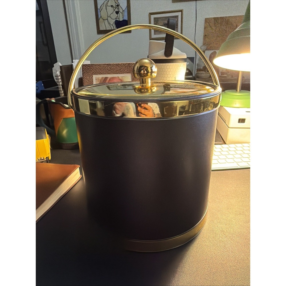 Vintage Kraftware 3 Qt Faux Lether with Gold Foil Trim Ice Bucket & Lid!